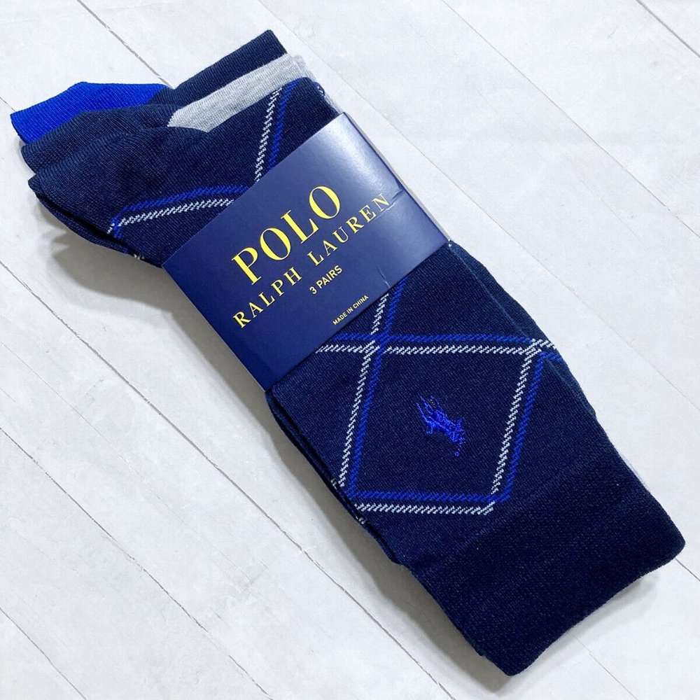 Polo Ralph Lauren Casual Dress Socks 3-Pair Navy Blue Grey Solid Diamond Pack - Picture 6 of 10